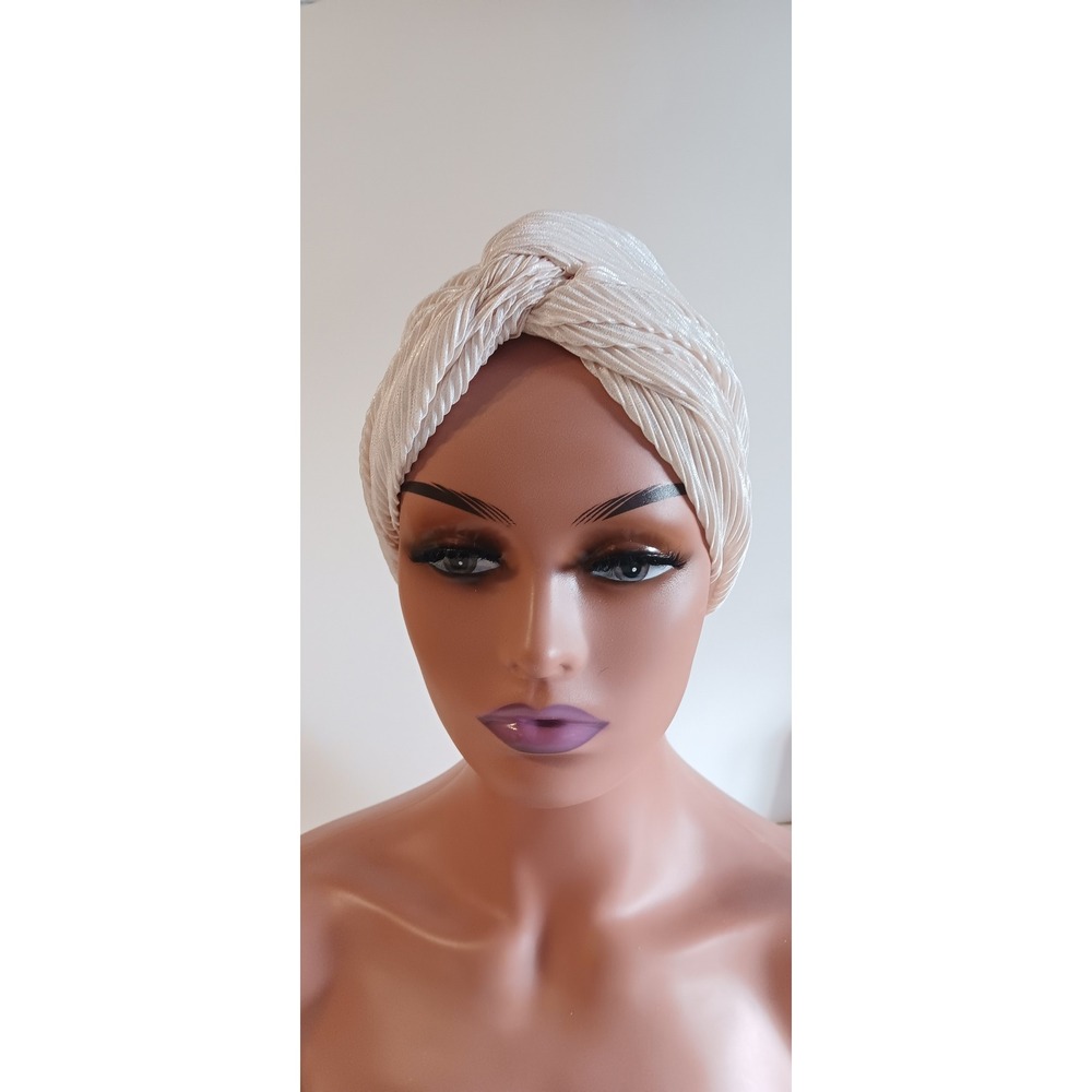 Tan Shimmer Pleated Front Twist Hijab Cap Modest Turban Headpiece - Picture 5 of 5